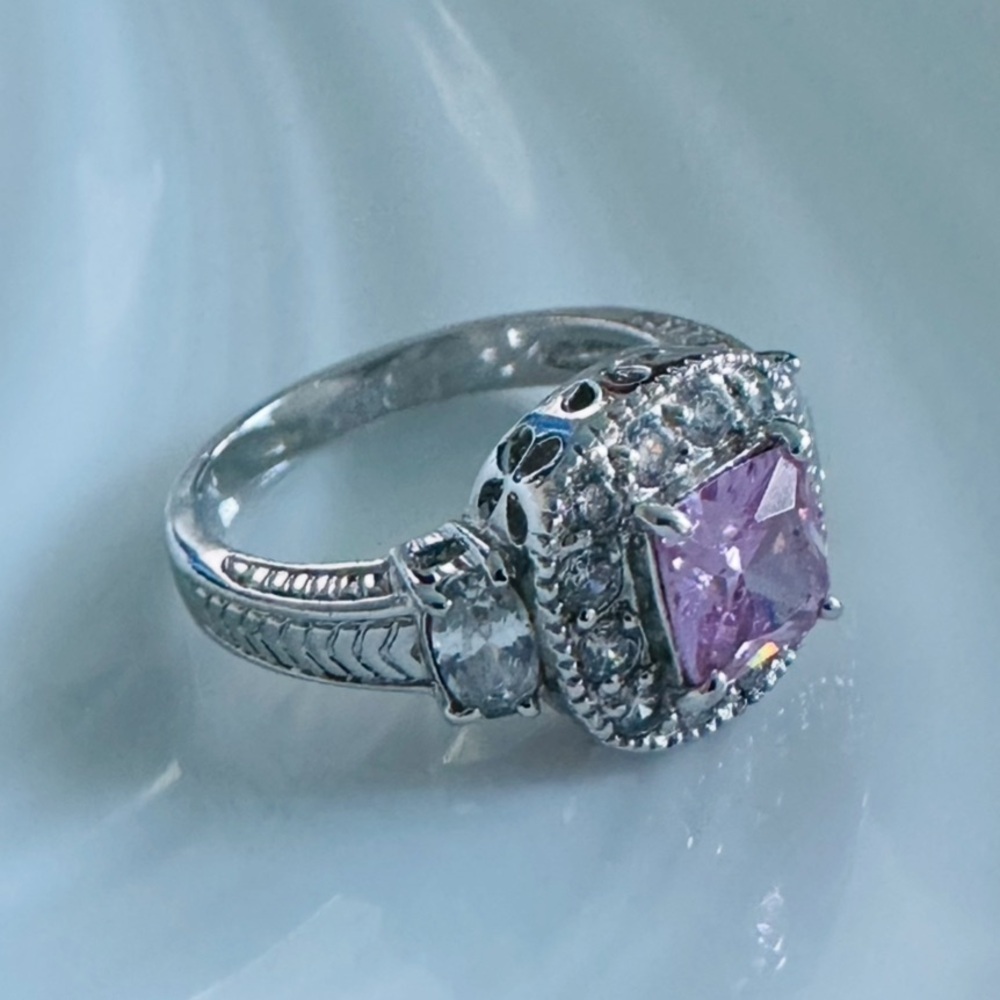 Princess Cut Pink CZ Rhodium Plated Dress Ring